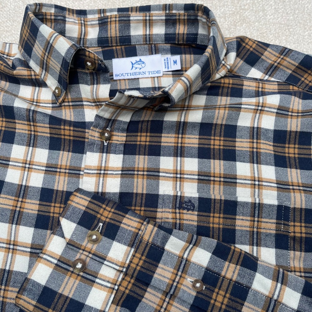 Southern Tide Mens Plaid Button Down Shirt Navy Tan Stretch Skipjack Logo M